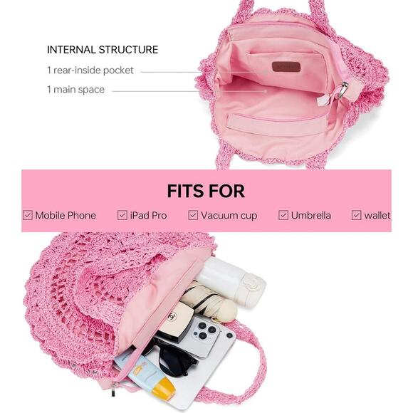 Pink Boho Handmade Woven Straw Bag Chic, Beach Tote, Lightweight & Trendy Spring - Picture 5 of 6